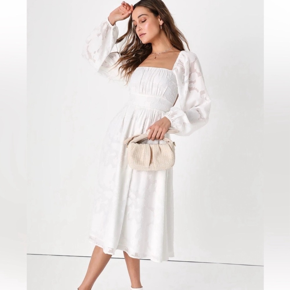 NWT Lulus White Floral Jacquard Long Sleeve Midi Dress